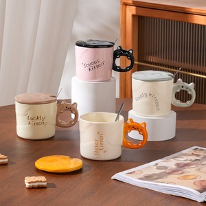 Ensemble de tasses en céramique pour chatons avec couvercle et cuillère, design de dessin animé, vaisselle mignonne pour la maison, 400 ml, passe au micro-ondes, cadeau - Product Image 1