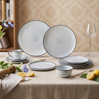 Service de table en céramique et porcelaine élégant ST, rayé bleu ivoire, avec finition émaillée, assiettes plates, bols à salade, pour repas d'hôtel, résistant aux rayures