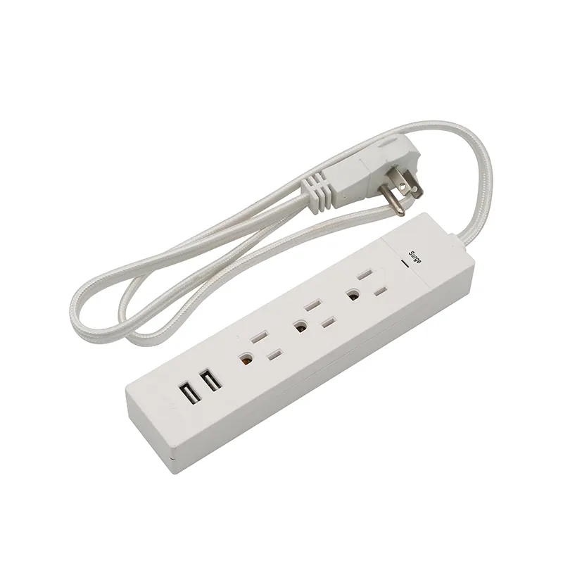 3-Outlet Extension Cord With 2 USB Ports 2.4A Surge Protector, 3 Prong Flat Plug, White Braided Fabric Power Cord