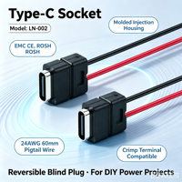 Conector USB-C LN-002 con Cable Pigtail de 24AWG de 60 mm, Conector Tipo-C Reversible para Terminales de Crimpado, Carga de Energía DIY