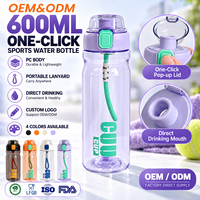 Bouteille d'eau sport 600 ml à ouverture rapide avec cordon portable, bouteille PC à boire directement, logo personnalisé OEM ODM