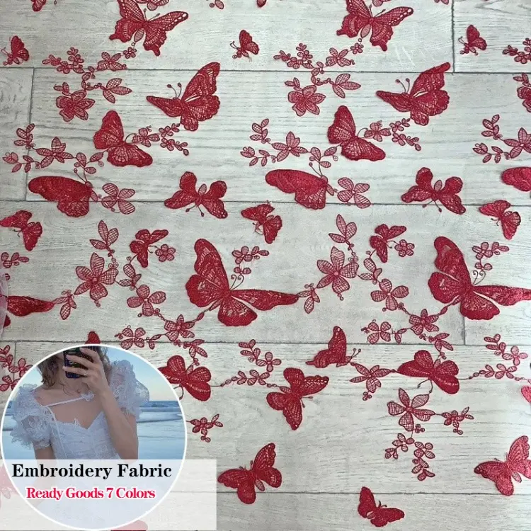 Tela de encaje bordado 3d para vestido y escenario, tul bordado con mariposas y flores de nuevo diseño, venta directa de fábrica