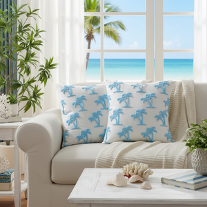 Coastal Blue Hampton Style Embroidery Decorative <b>Pillow</b> Covers 18x18 Inch Set 2 Coconut Trees Couch <b>Throw</b> <b>Pillow</b> Cases - Product Image 3