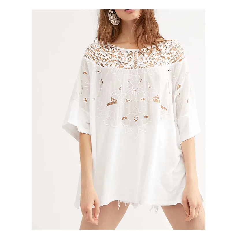 Custom Ladies Summer Round Neck Embroidered Lace T-Shirt Neckline Handmade Color Embroidered XL Ladies Long Sleeve Shirt