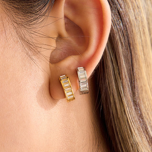 Diamond <b>Earrings</b> 18K Gold Stainless Steel Baguette Cut 15mm Unisex Everyday Wear - Product Image 2