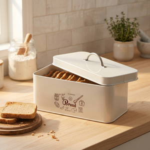 White <b>Metal</b> Bread Box Rectangular with Lid Handle Kitchen Food Storage <b>Container</b> - Product Image 1