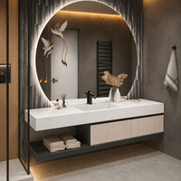 Meuble-lavabo mural de luxe moderne cannelé avec vasque et miroir LED rond pour projets hôteliers et d'appartements