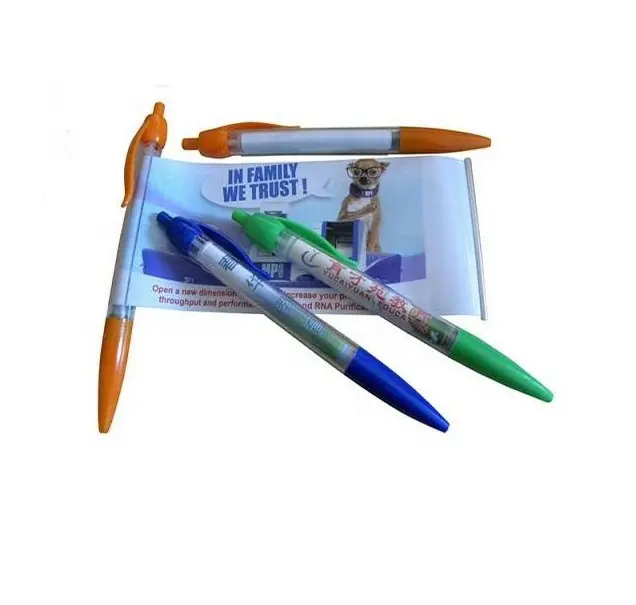 ปากกาแบนเนอร์ราคาถูกสำหรับโปรโมชั่นปากกาแบนเนอร์ข้อความหดดึงด้วยโลโก้พิมพ์เต็มรูปแบบบนแบนเนอร์