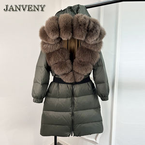 JANVENY Nuovo Parka Piumino <span class=keywords><strong>Lungo</strong></span> da <span class=keywords><strong>Donna</strong></span> Sciolto con Cintura, Caldo e Spesso, Imbottito al 90% in Piuma d'Anatra Bianca Naturale, Giacca Invernale con Grande Collo in Vera Pelliccia di Volpe - Product Image 1