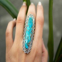 Vente chaude Personnalisé Style Occidental Turquoise Pierre Anneau Vintage Longue Turquoise Anneau Pour Les Femmes