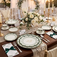 Ensemble d'assiettes en céramique vertes méditerranéennes, vente en gros, vaisselle en porcelaine vintage à motifs géométriques pour mariage, restaurant, vente au détail