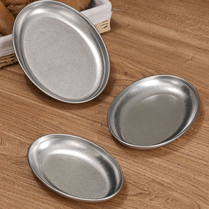 Plaque Ovale Rétro en Acier Inoxydable pour Barbecue Plateau de Café Argenté de Haute Qualité Plat à Fond Peu Profond pour Grill de Fruits Vaisselle Vintage - Product Image 1