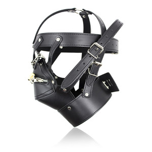 HM Sexy Sm cuir Bondage couvre-chef avec serrure PU Bondage tête couvrant cuir dur esclave retenue - Product Image 1