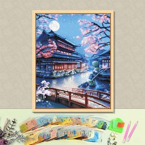 Kit de peinture diamant Paysage Palais sous la Lune, avec diamants ronds, impression DIY, art mural avec cadre, forme rectangulaire - Product Image 1