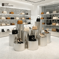 Présentoir de Luxe en Métal pour Chaussures, Nouveau Design, Présentoir Rond Brossé Argenté pour Sacs à Main
