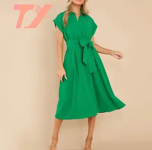 TUOYI Oem Vestido Camisetas personalizadas sem mangas com gravata ajustável botões funcionais Vestidos clássicos verde midi