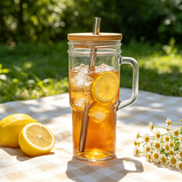 Gobelet esthétique en verre transparent avec poignée et couvercle en bambou, tasse réutilisable avec paille pour café glacé et boissons aux fruits