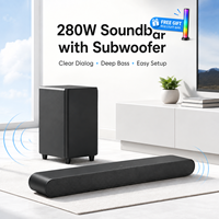 Barre de son ultra-mince 280W pour TV 2.1CH Dolby Atmos avec caisson de basses en bois de 5,25 pouces, BT 5.3, HD EARC, optique, AUX, USB
