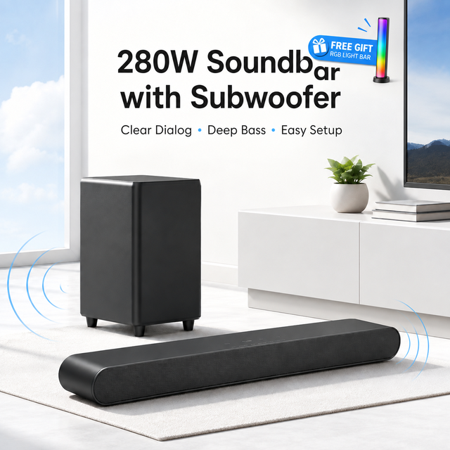 280W Ultra Slim Soundbar for TV 2.1CH Dolby Atmos 5.25 Inch Wooden Subwoofer BT 5.3 HD EARC Optical AUX USB