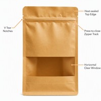 Pochette Kraft à fond plat avec fenêtre, refermable à fermeture éclair, sac doypack pour grains de café, thé, noix, emballage personnalisé
