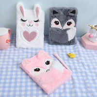 Carnet de notes portable en peluche rigide avec reliure cousue, motif animal de dessin animé, renard en fourrure, cadeau mignon pour étudiants
