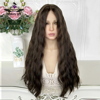 Perruque naturelle en cheveux humains ondulés, brun foncé avec reflets blonds, bords invisibles, sans colle