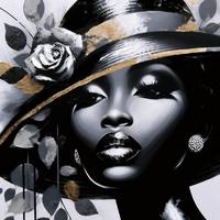 Nouvelle Arrivée Originale Belle Affiche sur Toile Pop Art Scintillante pour Femmes Africaines, Décoration Murale Encadrée, Peintures à la Feuille d'Or de Femmes Portant un Chapeau