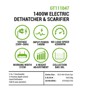 Vertak 1400W 2-en-1 Déchausseur électrique et <span class=keywords><strong>scarificateur</strong></span>, 31cm de largeur, sac de collecte 30L pour le râtelage de la chaume de printemps et la préparation de la <span class=keywords><strong>pelouse</strong></span> d'automne - Product Image 2
