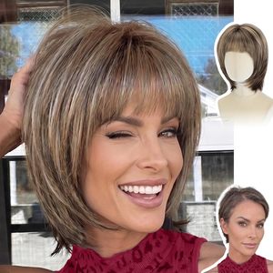 Peluca Corta Estilo <span class=keywords><strong>Bob</strong></span> Color Marrón Miel Claro con Flequillo para Mujeres Blancas, 12 Pulgadas, Lisa - Product Image 5