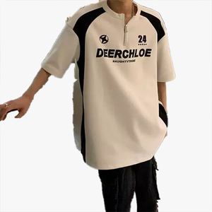 Black White Color Block Jersey Style T-Shirt Men's Outfit Half Zip Motorcycle <b>Short</b> <b>Sleeve</b> Summer Trendy Couple <b>Sweatshirt</b> - Product Image 2