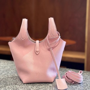 Sac seau décontracté en cuir véritable style célébrité, avec poignée et bandoulière, en raphia, fermeture magnétique douce, couleur macaron, passe-partout - Product Image 2