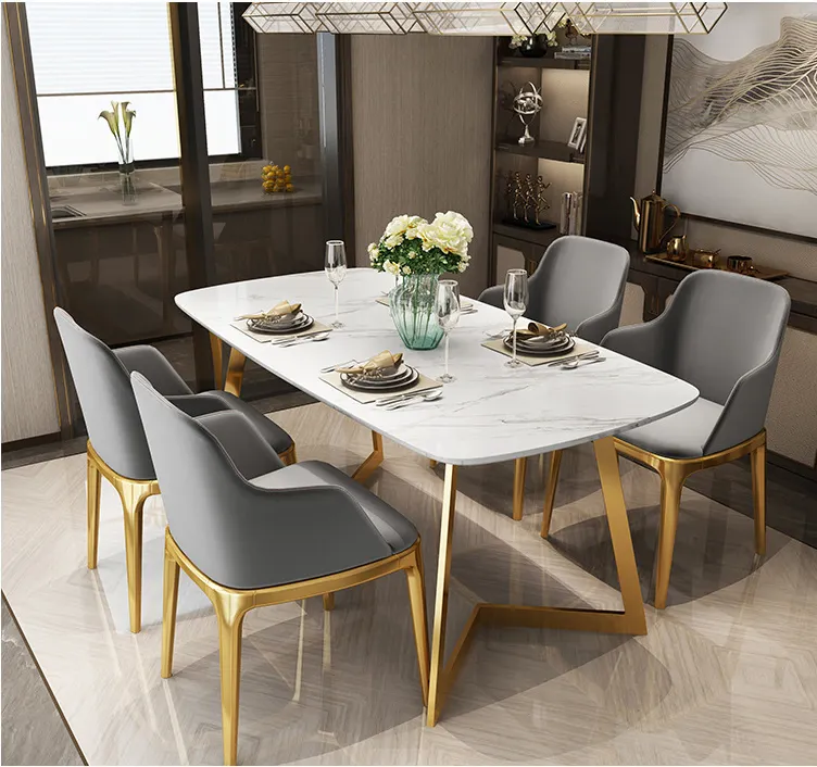 Modern Luxury Dining Room Furniture Golden Stainless Steel Ceramic Marble 6 Seater Dining Table Set