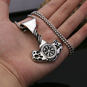 yunnique Viking Stainless Steel Thor Hammer Pendant Necklace With <b>Compass</b> Rune Design For Men And Women Gift Jewelry - Product Image 4