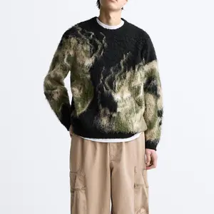 Tùy Chỉnh OEM & ODM Người Đàn Ông Của Áo Len Mohair Jumper Áo Thun Dệt Kim Jacquard Crew Cổ Đan Thiết Kế Hàng Đầu Mờ Áo Len Người Đàn Ông