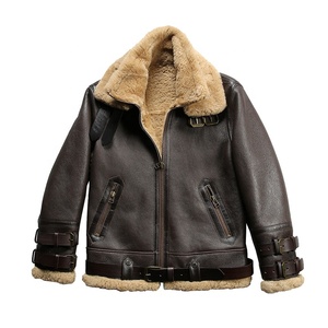 Hiver Personnalisé OEM <span class=keywords><strong>B3</strong></span> Shearling Warm Smart Casual Bomber Vintage Aviator Vestes en cuir de mouton en laine marron pour hommes en fourrure véritable - Product Image 1
