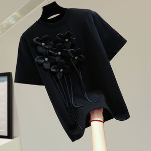 Camiseta de manga corta con borlas y flores para mujer, top elástico de cuello redondo, holgado y de ocio, a la moda. - Product Image 2