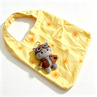 Sac de courses pliable en peluche personnalisé avec logo, imprimé soleil, avec pendentif jouet en peluche chat, vente en gros