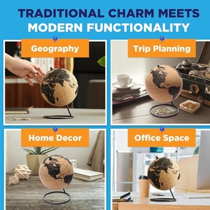 Black Cork with Push <strong>Pins</strong> - 7.9" Tall with Map of the World and Rotating Stand for Adults, 100 Metallic and 100 - Product Image 2