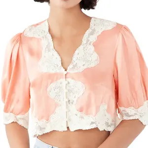 OEM ODM 캐주얼 단색 오렌지 핑크 짧은 소매 V 넥 레이스 섹시한 블라우스 여성용