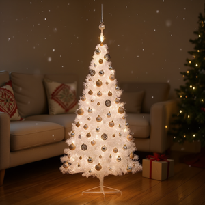 Árbol de Navidad Artificial Blanco de 59.1 Pulgadas, Preiluminado, con Juego de Bolas, Luces LED Cálidas, Base para Interior - Product Image 2