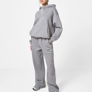 Ensemble 2 pièces en coton délavé à l'acide, pantalon évasé ample et sweat-shirt boutonné, avec logo personnalisé, survêtements pour femmes - Article très demandé - Product Image 3