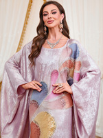 Kaftan Marocain Ample à Manches Chauve-Souris Brodé de Fleurs à Paillettes sur le Devant, Adapté aux 4 Saisons