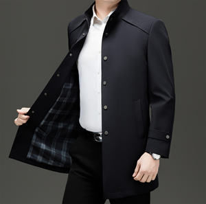 Chaqueta cortavientos para hombre de mediana edad, nueva colección primavera-otoño 2025, estilo informal y de negocios, larga, con cuello de un solo botón, color liso, corte holgado. - Product Image 4