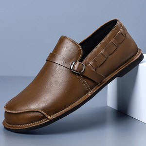Men's Brown Leather Loafers Slip-On Casual <b>Driving</b> <b>Shoes</b> Flat Heel Solid Color Sewing Thread Detail - Product Image 1