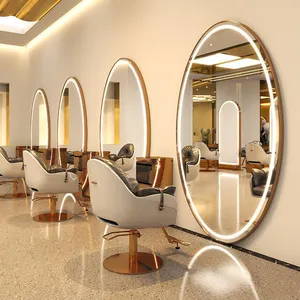 2024 Full Length Salon Mirror Station Hair Salon Furniture Barber Station Styling Mirror Gold Salon Mirror With Light