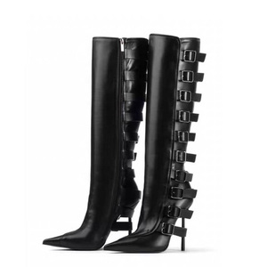 Large Size 46 Women's Back Metal Buckles Long <b>Boots</b> Slim High-Heeled Pointed Toe Knee High Booties Wide Fit Side Zipper Shoes - Product Image 2