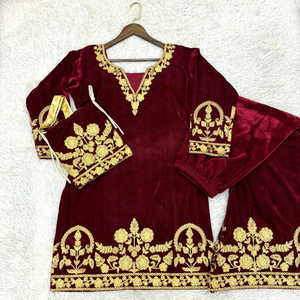 Ensemble Anarkali en velours marron brodé avec pantalon palazzo, tenue traditionnelle indienne et pakistanaise pour mariage, pour femme, toutes saisons - Product Image 4