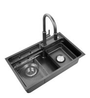 Évier de cuisine multifonctionnel carré fait main à cuve unique en acier inoxydable 304 à encastrer avec surface nano et égouttoir
