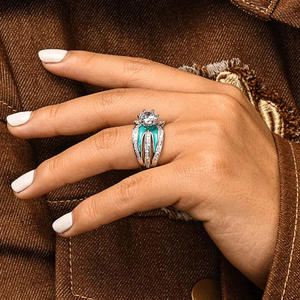 T0877 Women's White <b>Gold</b> Diamond <b>Ring</b> Round Brilliant Cut G Color Natural Diamond Engagement <b>Ring</b> With <b>Turquoise</b> Inlay - Product Image 6
