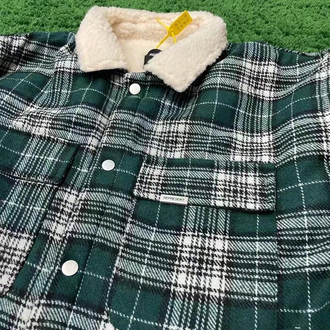 Men Flannel Plaid Retro Lapel Lamb Fleece Jacket Winter Single Breasted Double Pocket Super Warm Brown Jacket